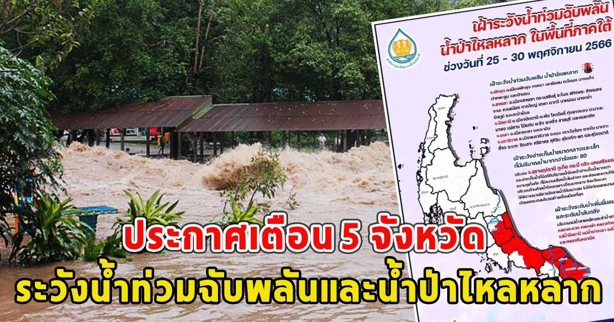 ประกาศเตือน 5 จังหวัด ระวังน้ำท่วมฉับพลันและน้ำป่าไหลหลาก