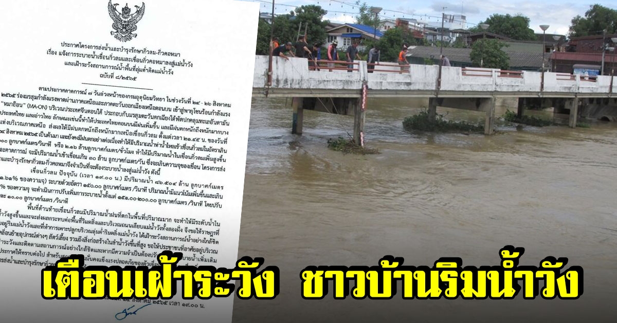 เตือนเฝ้าระวัง ชาวบ้านริมน้ำวัง เขื่อนกิ่วลม เพิ่มระดับระบายน้ำออก