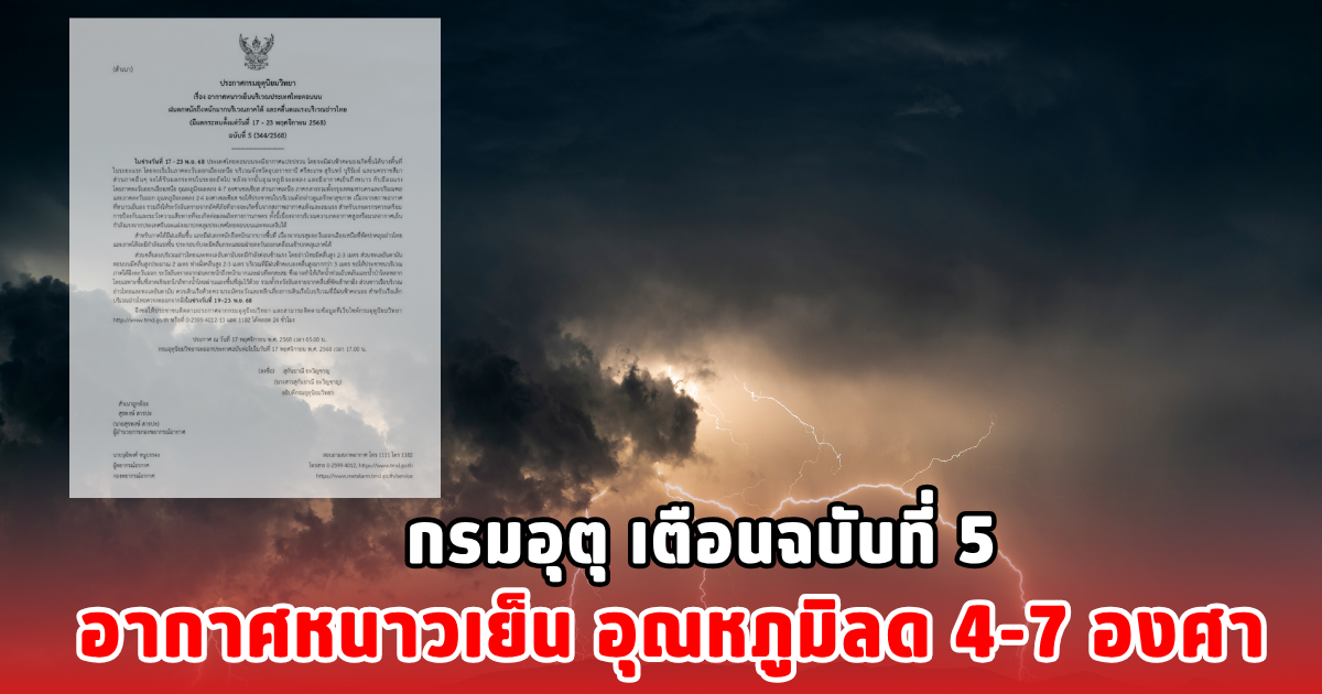 กรมอุตุ เตือนฉบับที่ 5 อากาศหนาวเย็น อุณหภูมิลด 4-7 องศา