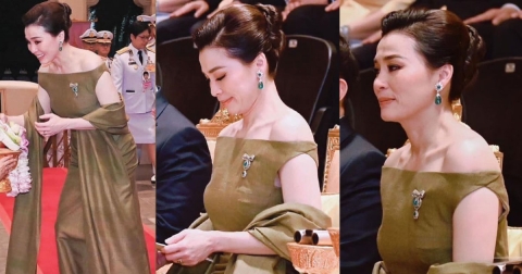 ทรงพระสิริโฉม พระราชินีฉลองพระองค์ราตรีไทยผ้าไหมหางกระรอก