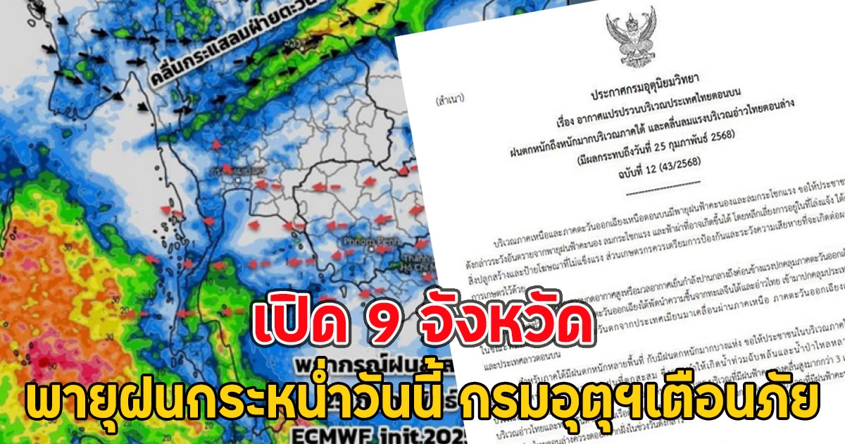 เปิด 9 จังหวัด พายุฝนกระหน่ำวันนี้ กรมอุตุฯเตือนภัย