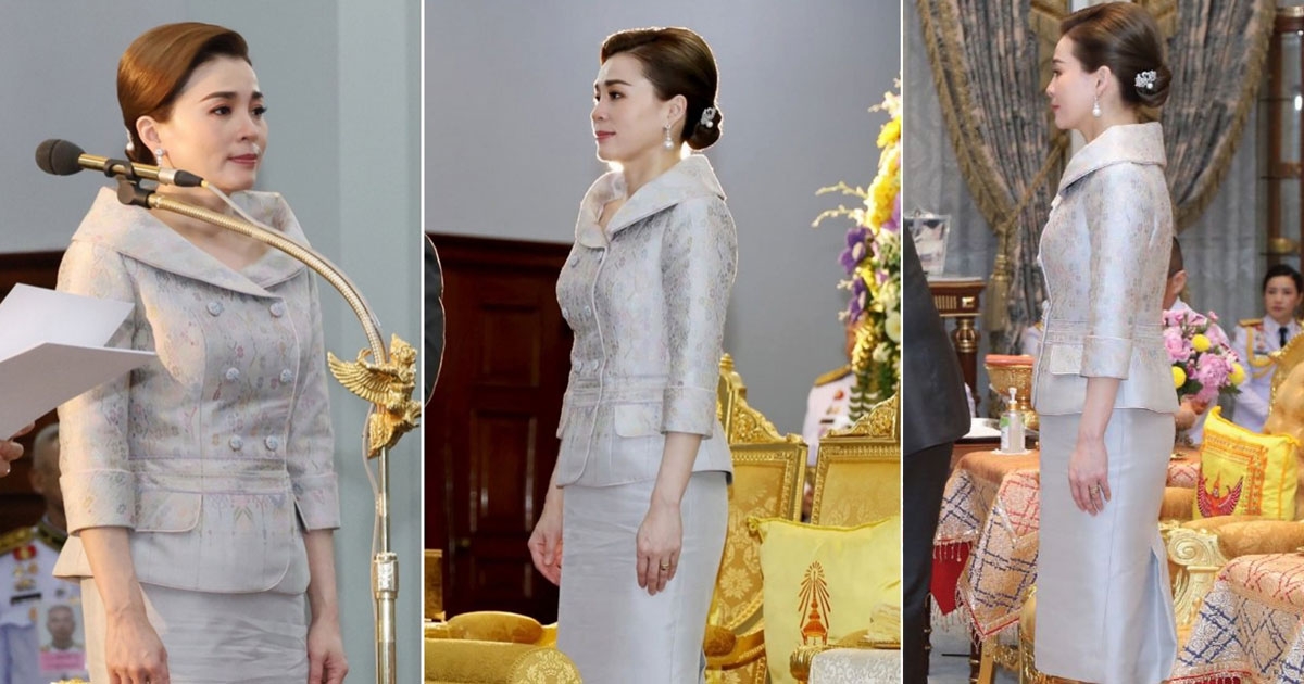 งามสง่า พระราชินี ในชุดไทยสากลผ้าไหมแพรว