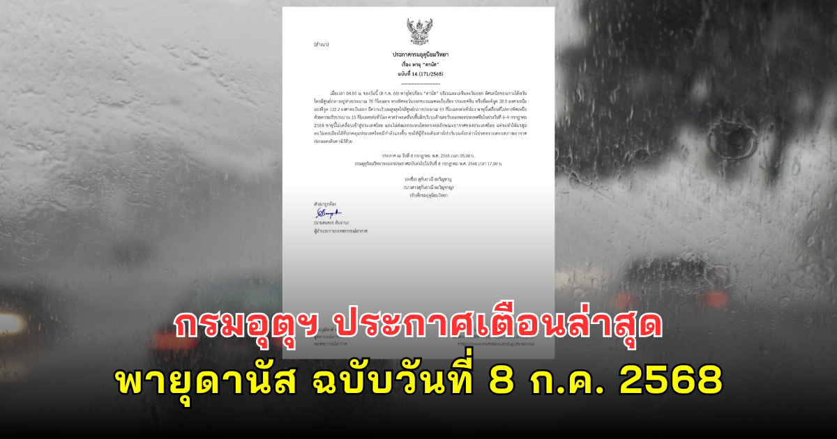 กรมอุตุฯ ประกาศเตือนล่าสุด พายุดานัส ฉบับวันที่ 8 ก.ค. 2568