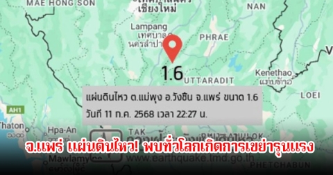 แผ่นดินไหว! จ.แพร่ 1.6 แมกนิจูด ลึกลงไปใต้พื้นดิน 1 กิโลเมตร หลังพบทั่วโลกเกิดการเขย่ารุนแรงมากกว่า 5 แมกนิจูด