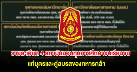 เปิดรายละเอียด 4 สถาบันมอบทุนการศึกษาจนเรียนจบ แก่บุตรและคู่สมรสของทหารกล้า