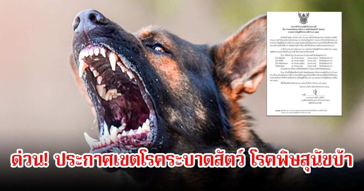 ประกาศเขตโรคระบาดสัตว์ โรคพิษสุนัขบ้า ในหลายพื้นที่ของสมุทรปราการ