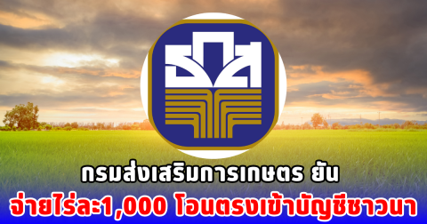 กรมส่งเสริมการเกษตร ยัน จ่ายไร่ละ1,000 โอนตรงเข้าบัญชีชาวนา