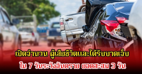 เปิดจำนวน ผู้เสียชีวิตและได้รับบาดเจ็บ ใน 7 วันระวังอันตราย ยอดสะสม 3 วัน (ตั้งแต่ 30 ธันวาคม 2568 – 1 มกราคม 2569)