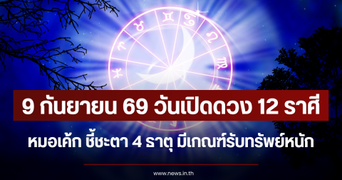 9 กันยายน 69 วันเปิดดวง 12 ราศี หมอเค้ก ชี้ชะตา 4 ธาตุ มีเกณฑ์รับทรัพย์หนัก