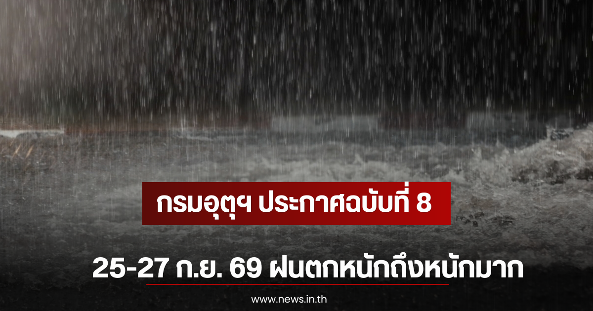 กรมอุตุฯ ประกาศฉบับที่ 8  25-27 ก.ย. 69 ฝนตกหนักถึงหนักมาก